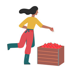 Harvesting gardener girl. Planting flowers, farming hobby, seasonal harvest flat vector illustration