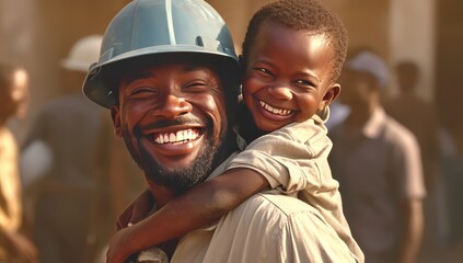 happy baby construction worker holding his smiling father, wearing a blue helmet and working - obrazy, fototapety, plakaty