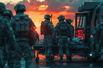 Elegant photo of digital reconstructions of military medical technology, showcasing the advancements in field medicine and casualty care in high tech style. - obrazy, fototapety, plakaty