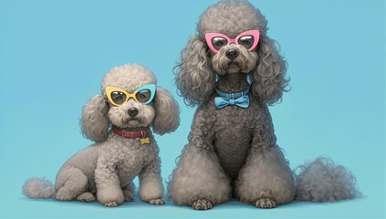 two gray poodles with yellow and pink hair wearing colorful sunglasses, solid blue background