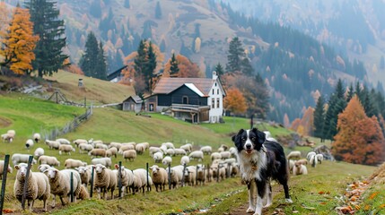 Border collie puppy herding sheep in lush green pasture, showcasing agility and intelligence - obrazy, fototapety, plakaty