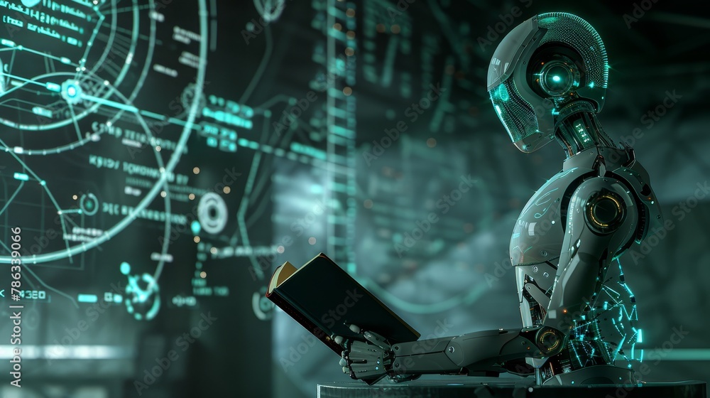 Poster humanoid ai robot with book surrounded by holographic math formulas on blurred background