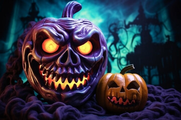 Banner consisting from big scary pumpkin for celebration holiday Halloween, Ai generated - obrazy, fototapety, plakaty
