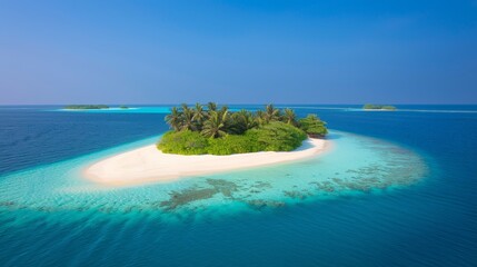 Tranquil maldives island beach  aerial view of luxury resort amidst palm trees on white sandy shore