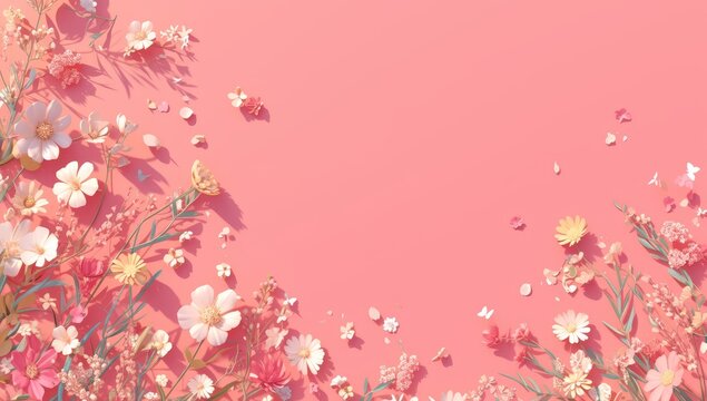 pink background with lots of paper flowers
