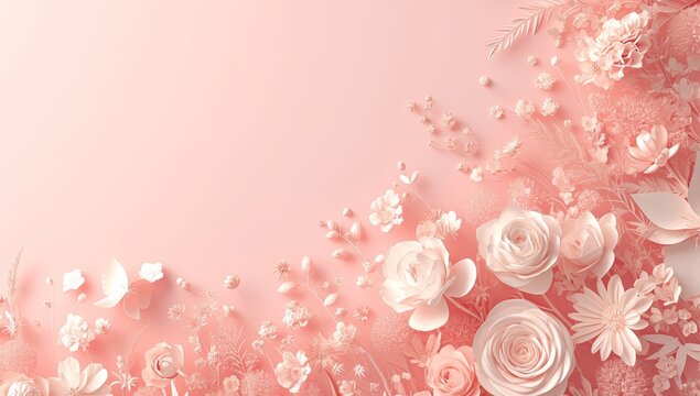 pink background with lots of paper flowers