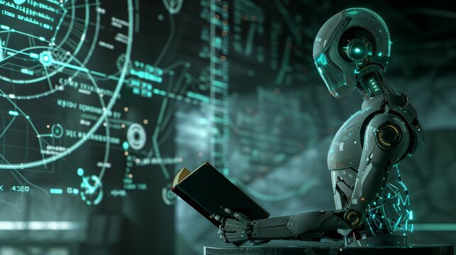 Humanoid ai robot with book surrounded by holographic math formulas on blurred background