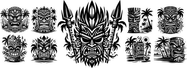 tropical tiki masks, hawaiian decoration, black vector, silhouette svg illustration laser cutting engraving transparent monochrome shape
