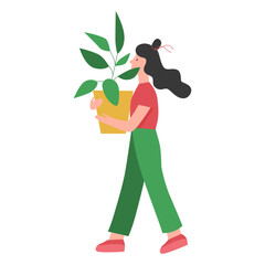 Gardener girl holding potted plant. Planting flowers, farming hobby flat vector illustration