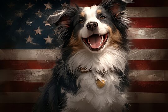 portrait photo of happy border collie, wearing sunglasses with red and white glasses frames in front of an american flag background.