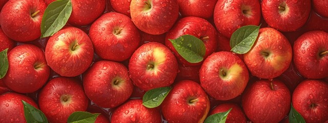 Red apples, top view of apple background banner for product presentation on dark black table surface with leaves and water drops.  - obrazy, fototapety, plakaty