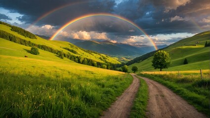 Obraz premium Amazing-scene-in-summer-mountains--Lush-green-grassy-meadows-in-fantastic-evening-sunlight--Rural-road-and-beautyful-rainbow-in-dramatic-sky--Landscape-photography
