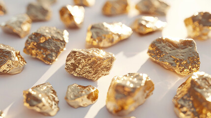Shimmering gold nuggets on a white background