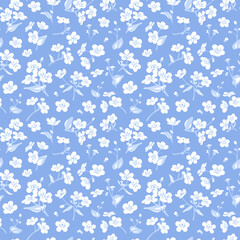 Seamless pattern with light flowers - Myosotis isolated on the blue background. Hand-drawn illustrations of wildflowers. Forget-me-not flower.
