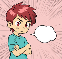 Offended little boy. Bubble speech. Stubborn pose. Negative emotion. Dissatisfied child. Cartoon vector illustration