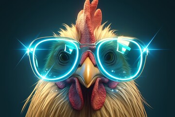 rooster wearing blue sunglasses - obrazy, fototapety, plakaty