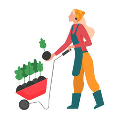 Gardener girl planting plants. Gardening flowers, farming hobby flat vector illustration - obrazy, fototapety, plakaty