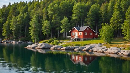 Obraz premium Original name(s): View-on-red-holiday-cabin-by-a-lake-in-Stockholm-archipelago--Sweden--Wooden-cottage--sauna-on-shore--Tiny-house-near-the-water--Rocky-small-island--islet-in-