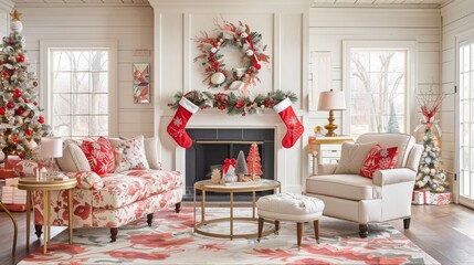 Christmas Interior of festive living room with fireplace. Christmas socks with gifts on fireplace in living room. Festive New Year magic background