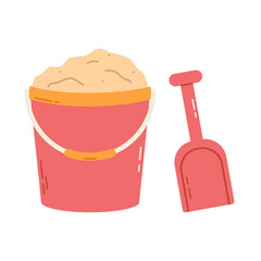 Plastic bucket filled with sand with shovel. Children's summer toys. Isolated flat vector illustration © Eclair_A