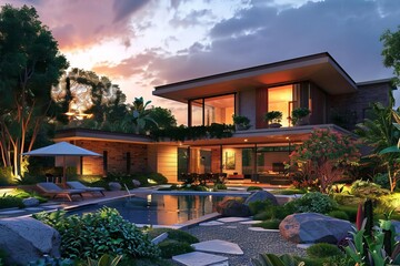 luxurious modern villa illuminated at dusk with lush garden and inviting pool digital painting