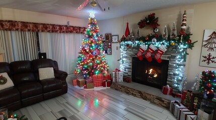 Christmas Interior of festive living room with fireplace. Christmas socks with gifts on fireplace in living room. Festive New Year magic background