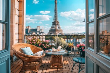 luxurious parisian terrace with eiffel tower view romantic getaway concept - obrazy, fototapety, plakaty