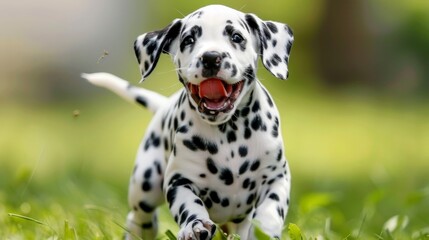 Playful dalmatian puppy joyfully running in a meadow, showcasing its spotted beauty