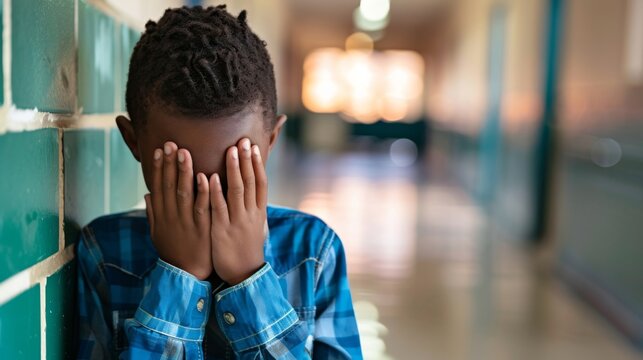 Bullying exclusion at school - Sad lonly african teenager boy alone in the school hallway with his hands in front of his face