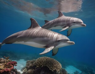 Fototapeta premium Graceful Dolphins Gliding Through a Vibrant Coral Reef Under the Clear Blue Sea