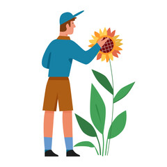 Gardener man with sunflower. Gardening flowers, farming hobby flat vector illustration