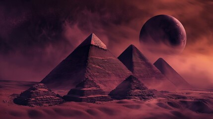pyramids on dark red alien planet. - obrazy, fototapety, plakaty