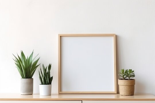 a picture frame on a table with plants and a picture frame.