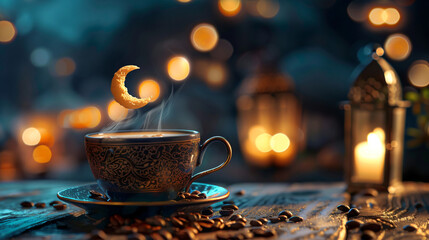 Cup of arabic coffee with crescent moon ramadan concept
