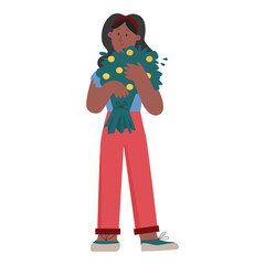 Gardener girl with flowers bouquet. Gardening flowers, farming hobby flat vector illustration