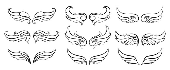 Vintage wings set. Spread wings of an angel, bird and bat. Decorative element of heraldry. Design elements for logo, label, emblem, sign, trademark. Isolated. Vector illustration