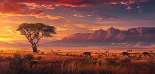 A panoramic scene of a hyena clan moving stealthily through the savanna, the ambient light of sunset casting a serene glow on the landscape and the distant mountains. - obrazy, fototapety, plakaty