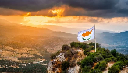 Gordijnen The Flag of Cyprus On The Mountain. © Daniel