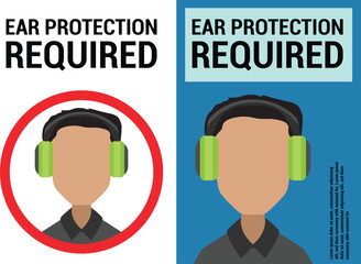 Ear protection required warning sign, cartoon style
