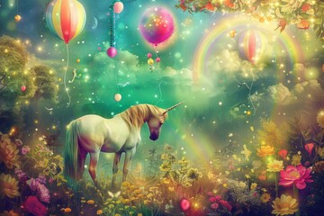 magical unicorn dreamscape whimsical fantasy scene with rainbows balloons and flowers digital art