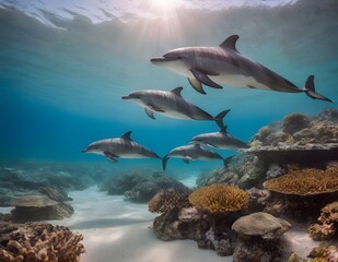 Graceful Dolphins Gliding Through a Vibrant Coral Reef Under the Clear Blue Sea
