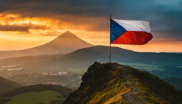 The Flag of Czechia On The Mountain.
