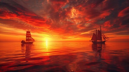 Sailing ships on a serene sea at sunset, with vivid skies - obrazy, fototapety, plakaty