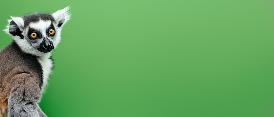 Fototapeta premium An arresting portrait of a lemur making direct eye contact with the camera against a green background