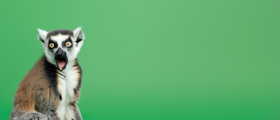 This image captures a lemur with an open mouth in a seemingly vocal display against a green backdrop