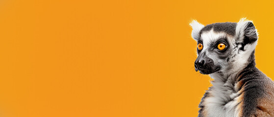 Fototapeta premium A direct frontal view of a ring-tailed lemur looking to the side, with striking eye contact and vivid orange background