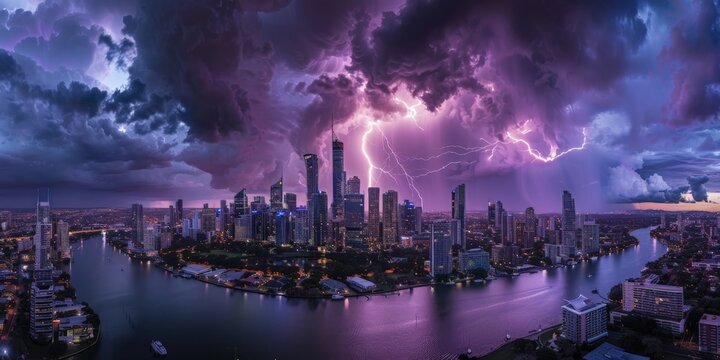 A panoramic view of a city skyline under siege by a lightning storm, with bolts casting a surreal purple glow over the buildings.