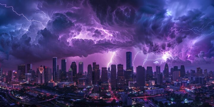 A panoramic view of a city skyline under siege by a lightning storm, with bolts casting a surreal purple glow over the buildings.
