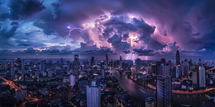 A panoramic view of a city skyline under siege by a lightning storm, with bolts casting a surreal purple glow over the buildings.