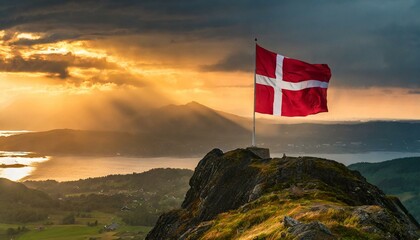 The Flag of Denmark On The Mountain. - obrazy, fototapety, plakaty